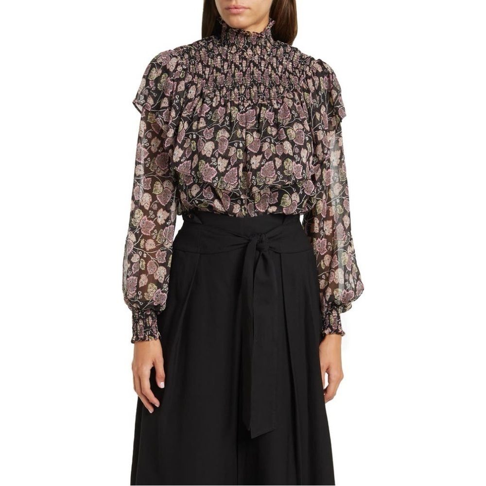 NWT Cinq a Sept Drew Leaf Print Smocked Ruffled Blouse Top Cacao Multi